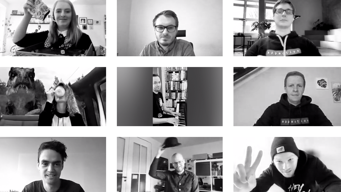 Screenshot von Videos, verschiedene Mitarbeiter des Unternehmens stellen sich mit seltsamen Bewegungen vor