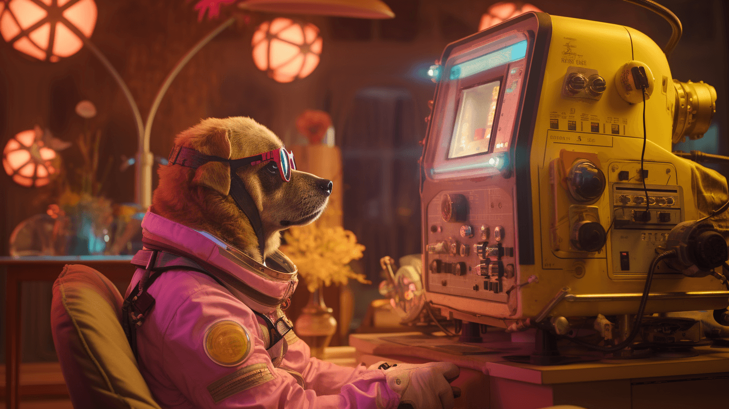 KI generiertes Bild: Hund, der an einem Computer arbeitet.