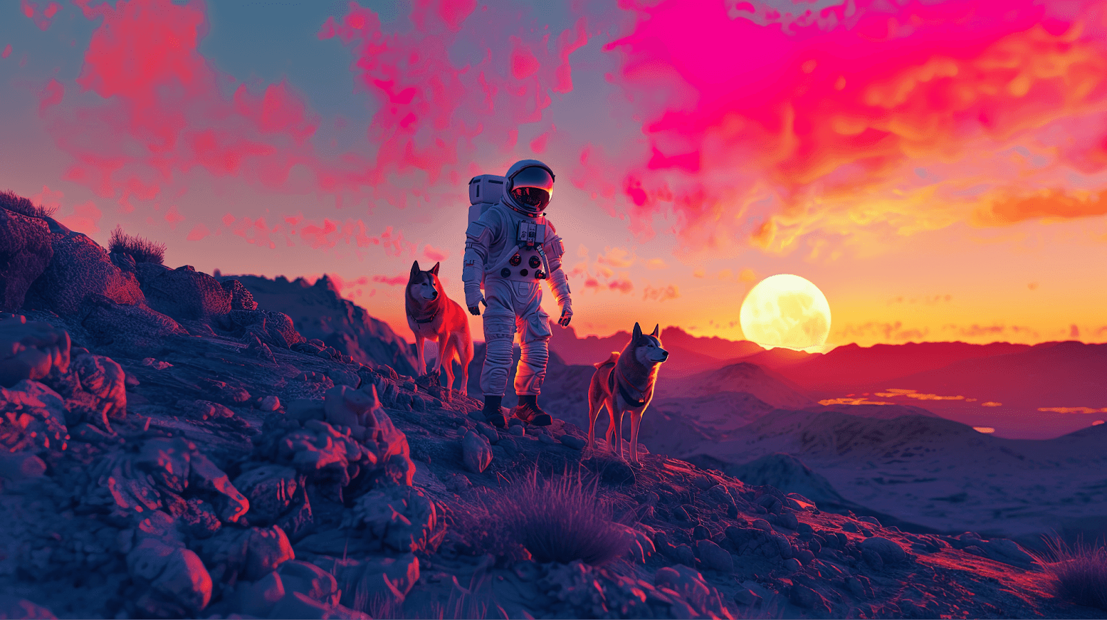 KI generiertes Bild: Astronaut auf Berg bei Sonnenuntergang mit zwei Wölfen