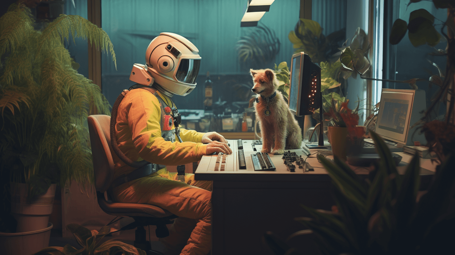 KI generiertes Bild: Astronaut sitzt mit seinem Hund am Schreibtisch und arbeitet