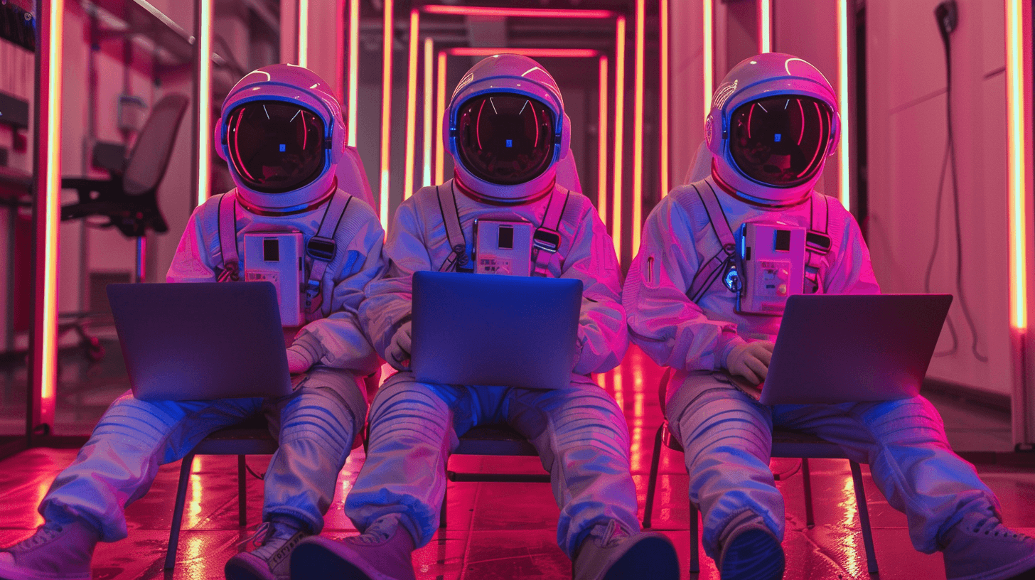 KI generiertes Bild: Drei Astronauten sitzen nebeneinander und arbeiten an ihren Laptops