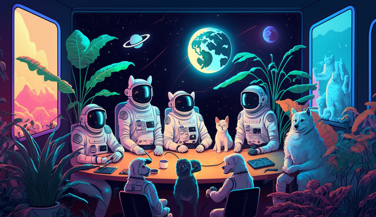 Illustration von einer Gruppe von Astronaut:innen, die an einem Konferenztisch sitzen