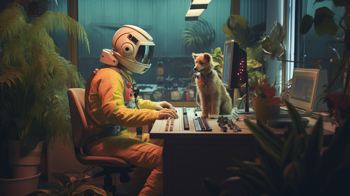 Astronaut sitzt am Schreibtisch und arbeitet, während ein Hund dabei zuschaut