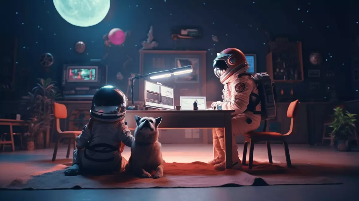 KI generiertes Bild: Astronautenkind sitzt mit Hund vor einem Schreibtisch und beobachtet einen erwachsenen Astronauten beim Arbeiten