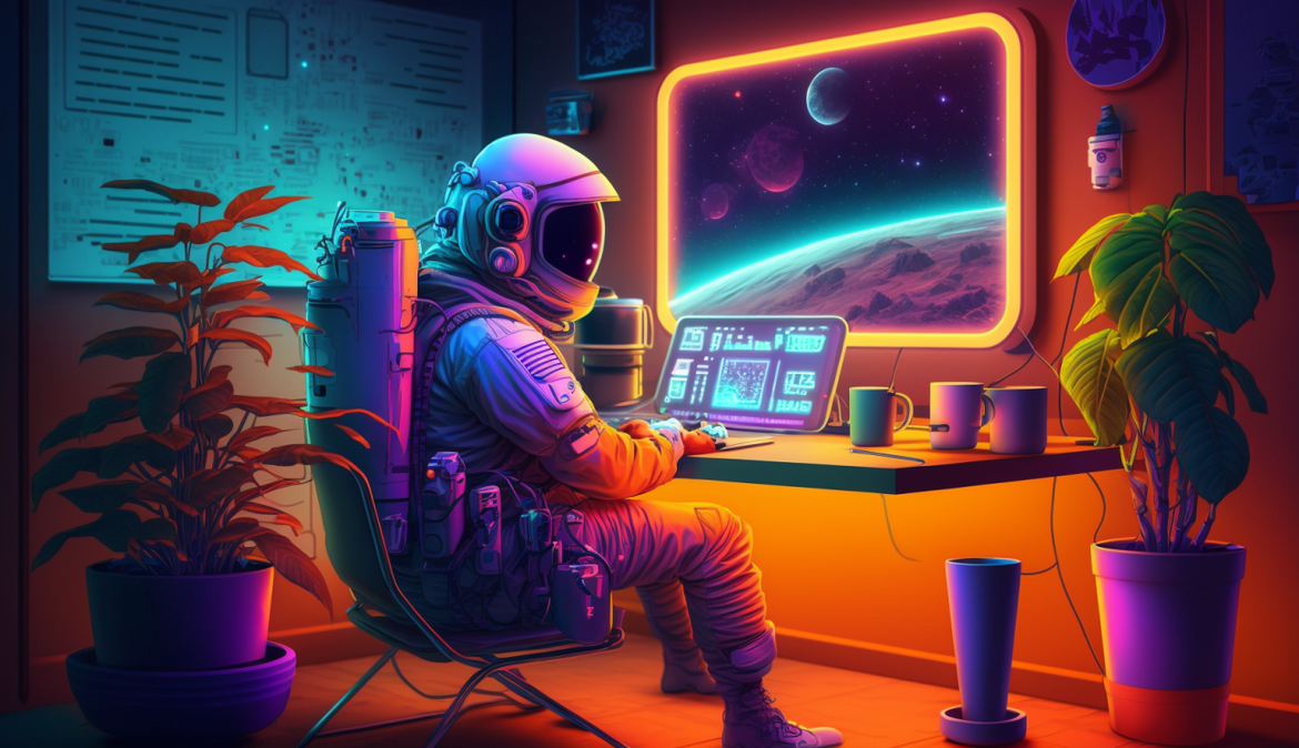 Illustration einer Person im Raumanzug, die im Büro sitzt und am Computer arbeitet