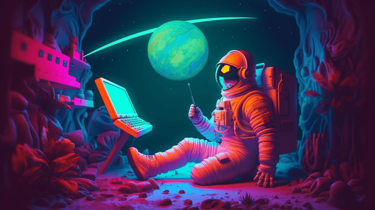 KI generiertes Bild: Astronaut sitzt vor einem Computer mit Werkzeug in der Hand