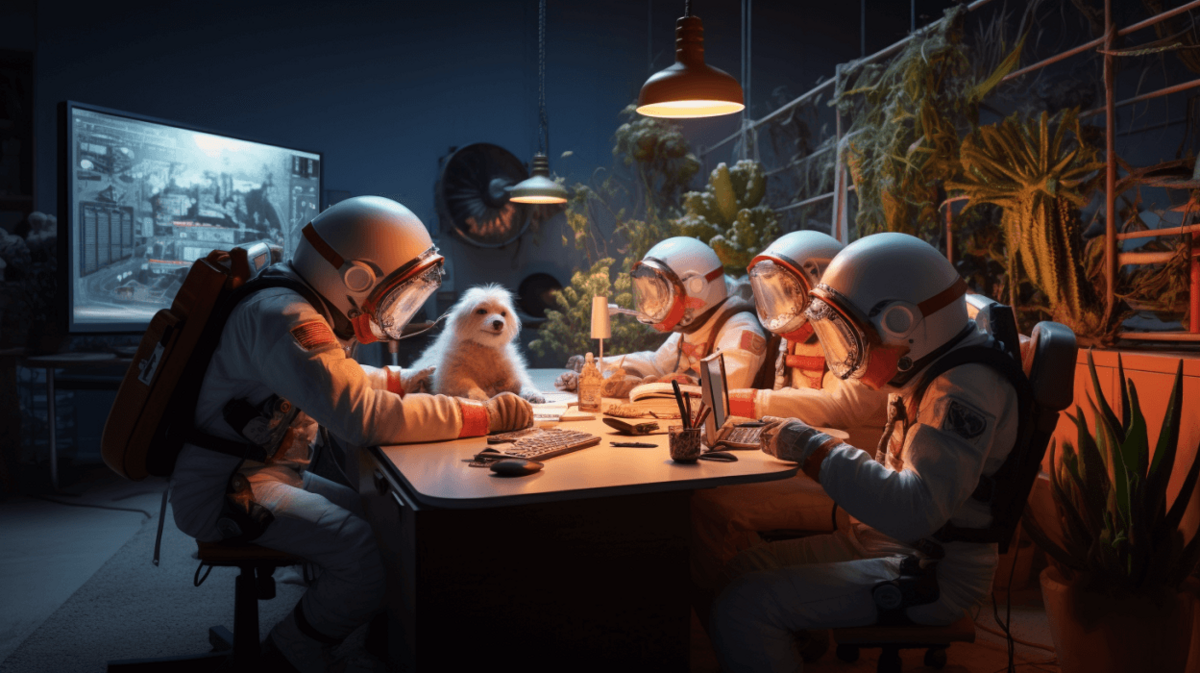 KI generiertes Bild auf dem Astronauten gemeinsam am Tisch sitzen