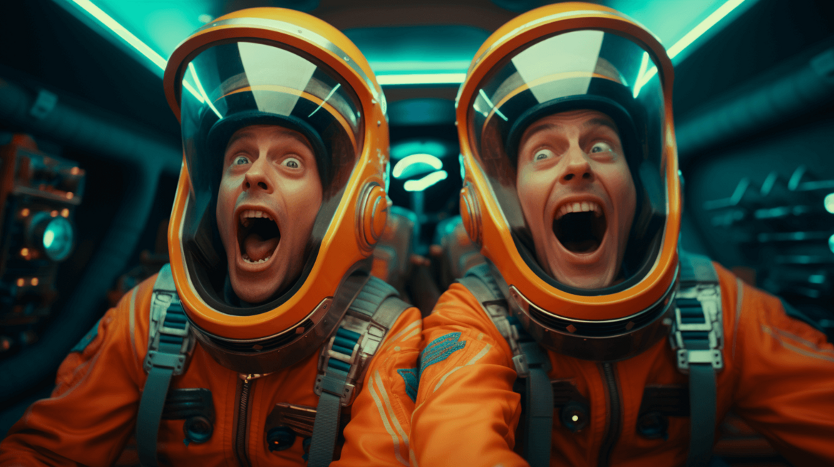 KI-generiertes Bild: Zwei aufgeregte Astronauten blicken freudig schreiend in die Kamera