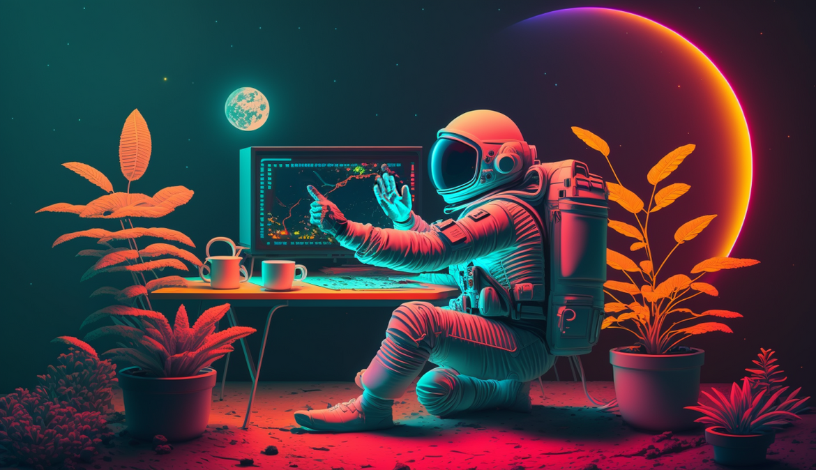 Illustration einer Person im Raumanzug arbeitet an einem Bildschirm