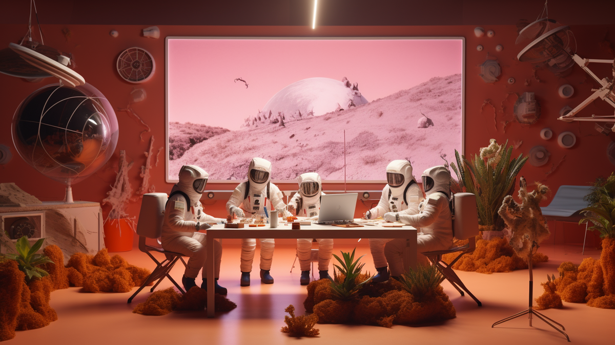 Astronauten sitzen an einem Tisch in einer Studioatmosphäre