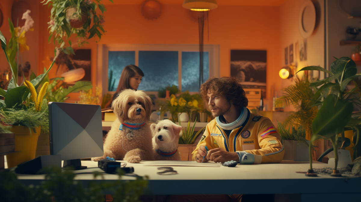 Astronaut arbeitet mit zwei Hunden am Schreibtisch