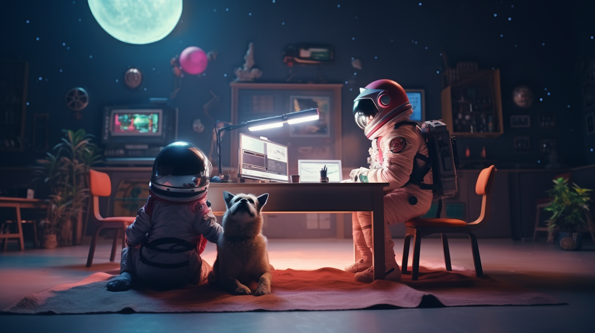 Astronautenkind sitzt mit Hund vor einem Schreibtisch und beobachtet einen erwachsenen Astronauten beim Arbeiten
