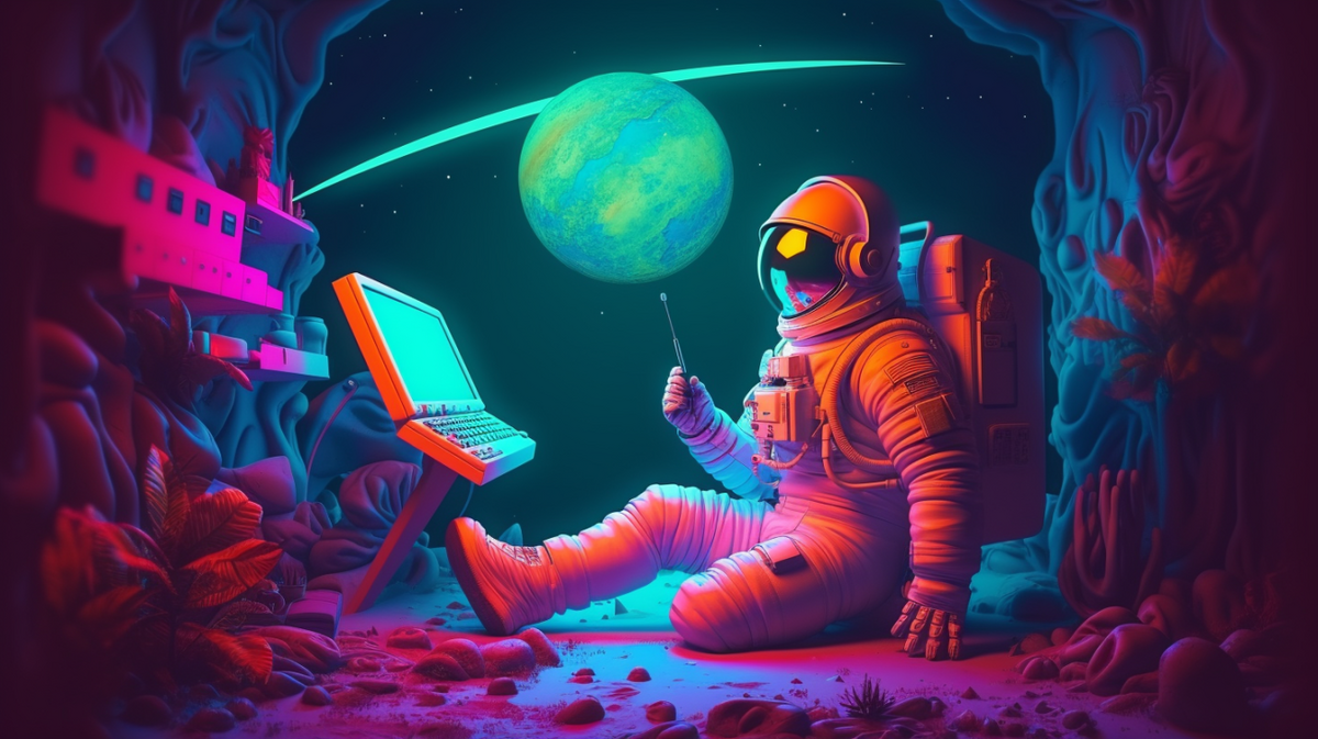 Astronaut sitzt vor einem Computer mit Werkzeug in der Hand