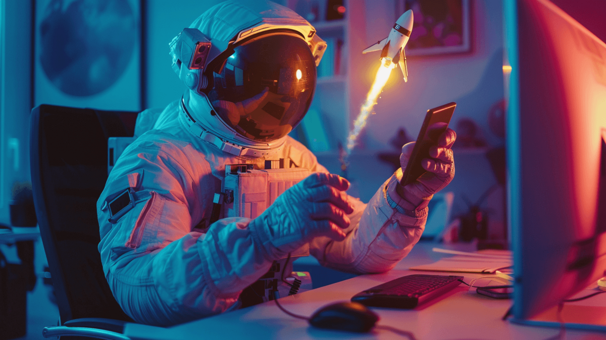 KI generiertes Bild eines Astronauten, der eine kleine Rakete mit seinem Smartphone bedient