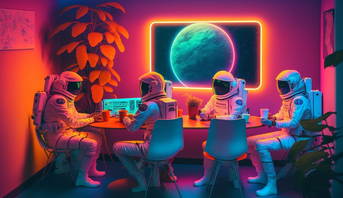 Illustration von vier Astronaut:innen, die auf einen Bildschirm schauen