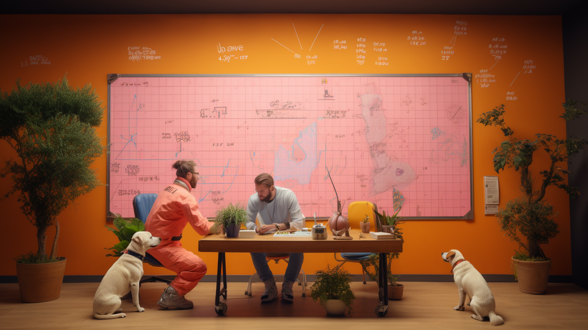 Zwei Personen sitzen an einem Tisch und arbeiten, im Hintergrund befindet sich ein großes Whiteboard mit technischen Skizzen