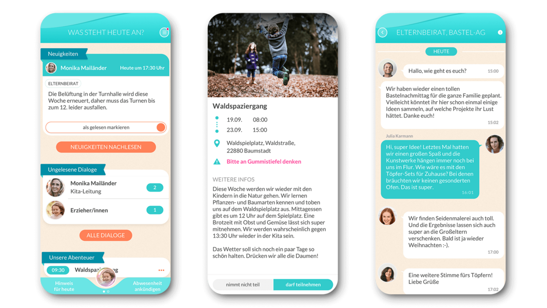 Screens der Elternansicht der Care-Kita App