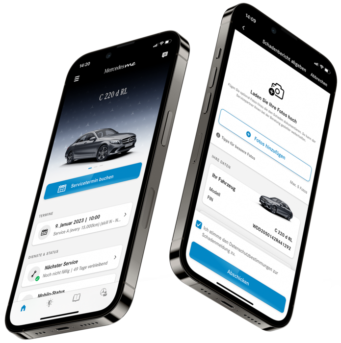 Zwei Smartphones mit Mercedes me Service App