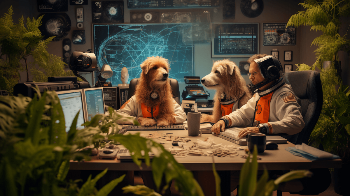 KI generiertes Bild: Astronaut arbeitet mit zwei Hunden am Schreibtisch