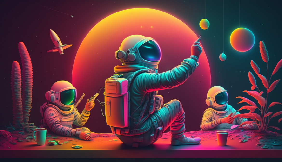 Illustration von drei Personen im Raumanzug, die arbeiten. Im Hintergrund sind eine Rakete und mehrere Planeten zu sehen